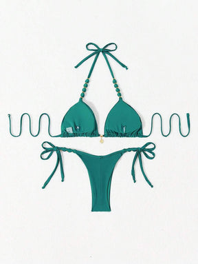 Biquíni Amarrável Com Pingente de Concha e Detalhes Dourados