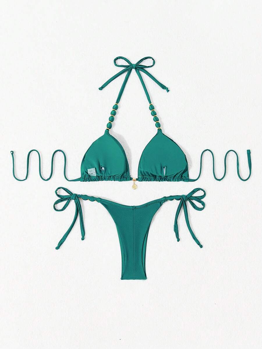 Biquíni Amarrável Com Pingente de Concha e Detalhes Dourados