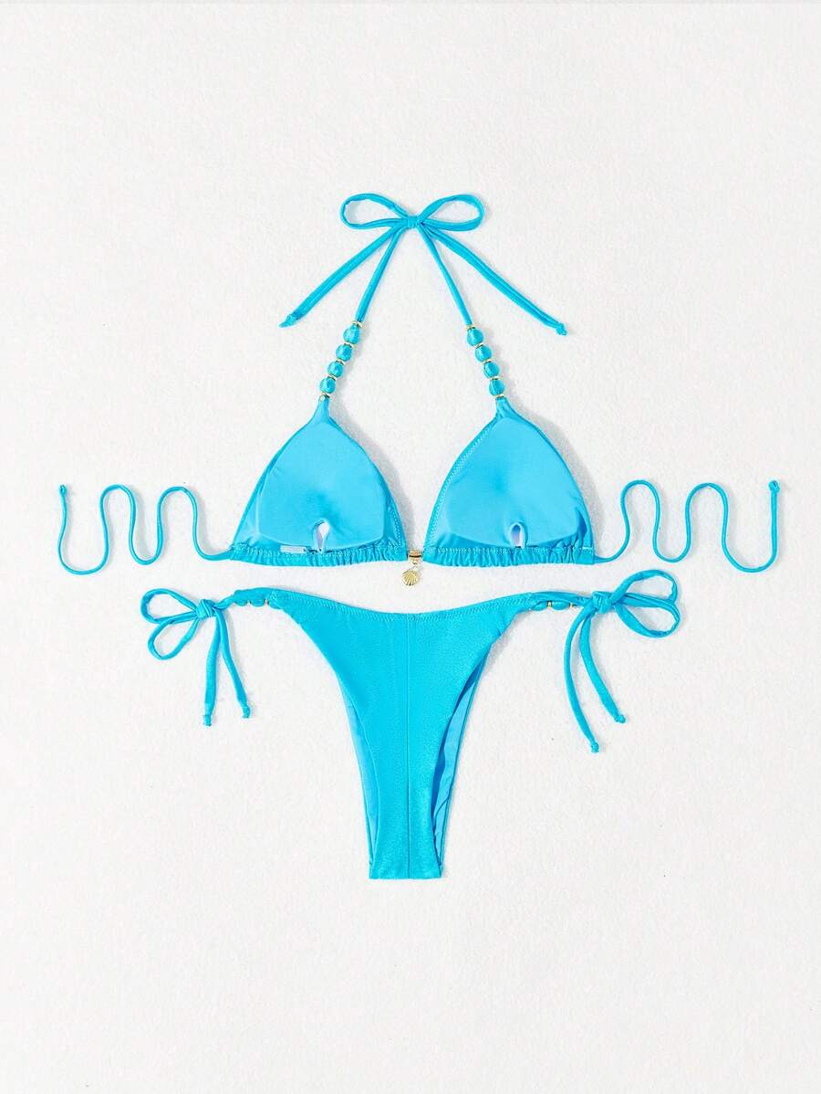 Biquíni Amarrável Com Pingente de Concha e Detalhes Dourados