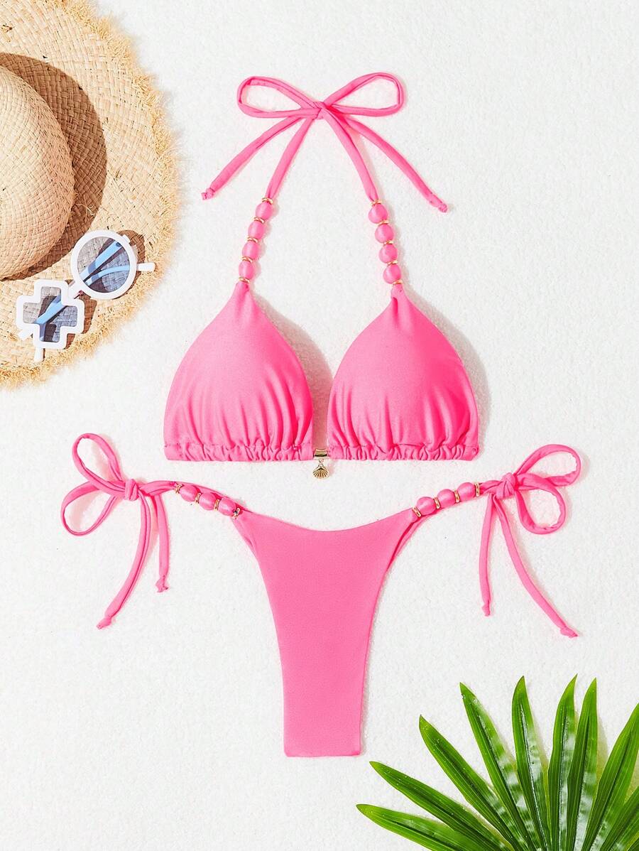 Biquíni Amarrável Com Pingente de Concha e Detalhes Dourados