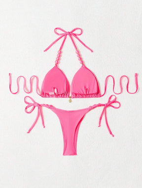 Biquíni Amarrável Com Pingente de Concha e Detalhes Dourados