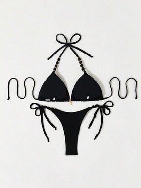 Biquíni Amarrável Com Pingente de Concha e Detalhes Dourados