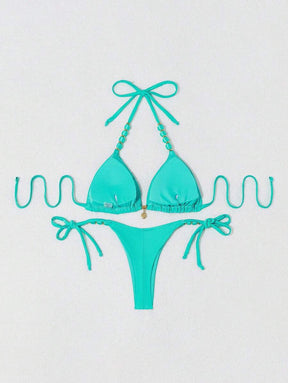 Biquíni Amarrável Com Pingente de Concha e Detalhes Dourados