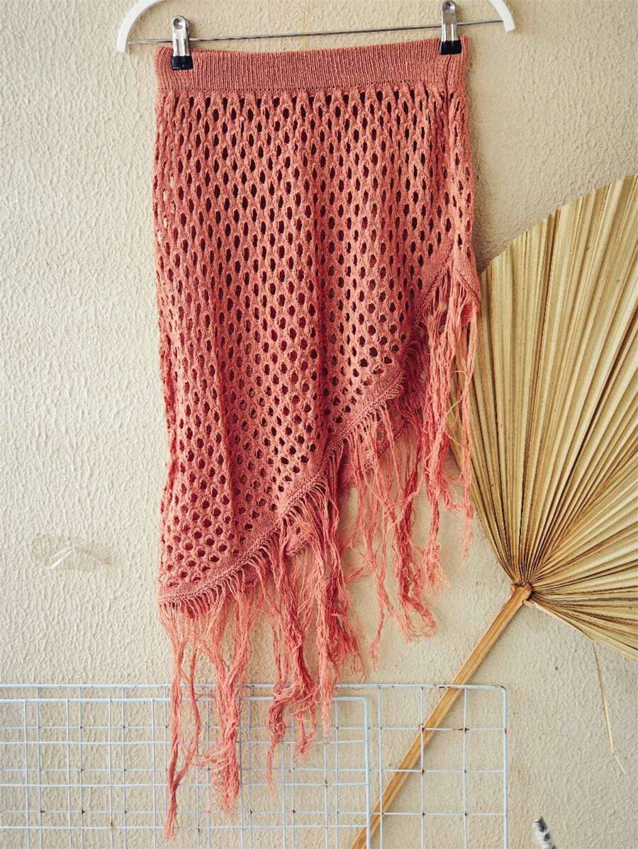 Saia Saída de praia de tricô com franjas