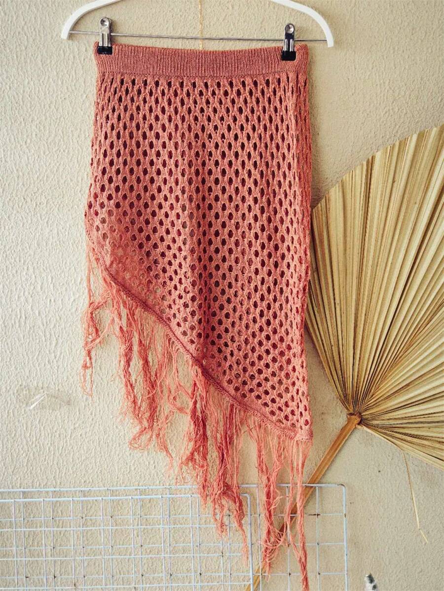 Saia Saída de praia de tricô com franjas