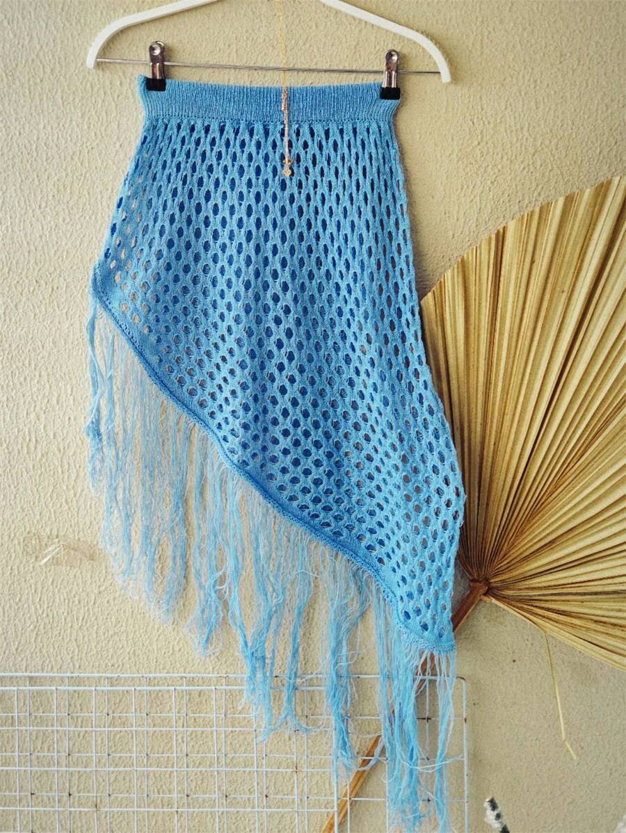 Saia Saída de praia de tricô com franjas