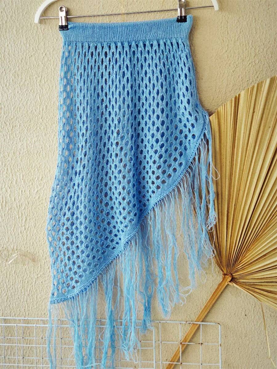 Saia Saída de praia de tricô com franjas