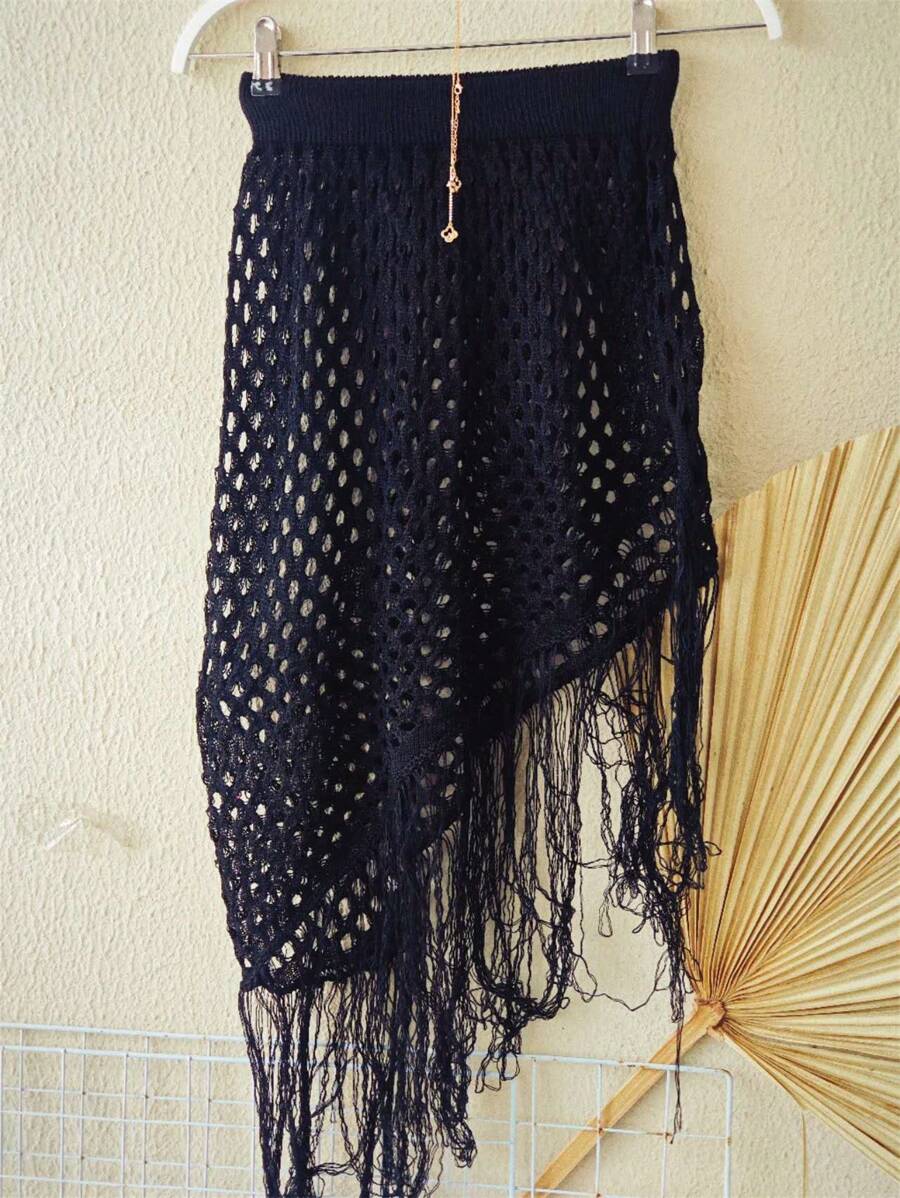 Saia Saída de praia de tricô com franjas