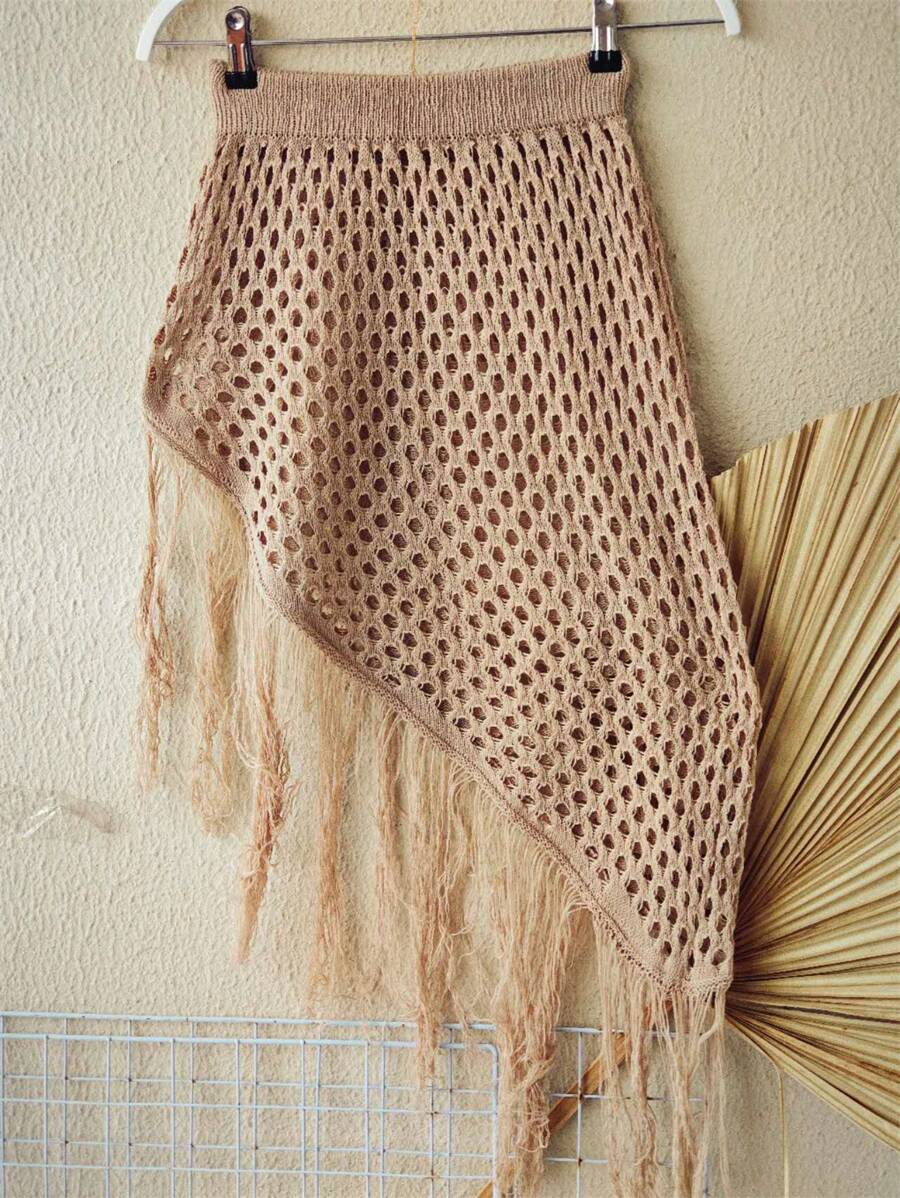 Saia Saída de praia de tricô com franjas