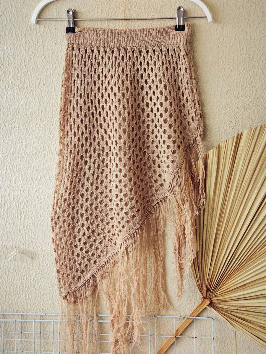 Saia Saída de praia de tricô com franjas